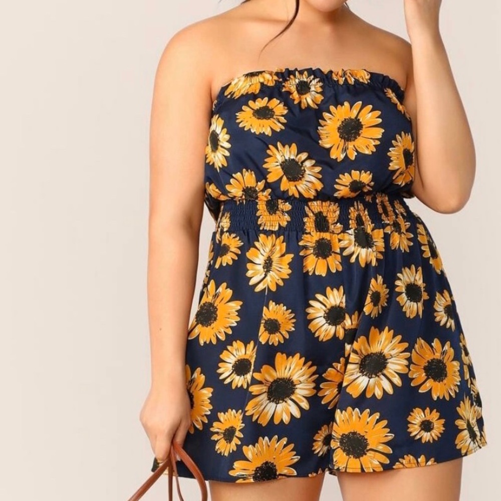 NWOT navy and sunflower shirred waste romper